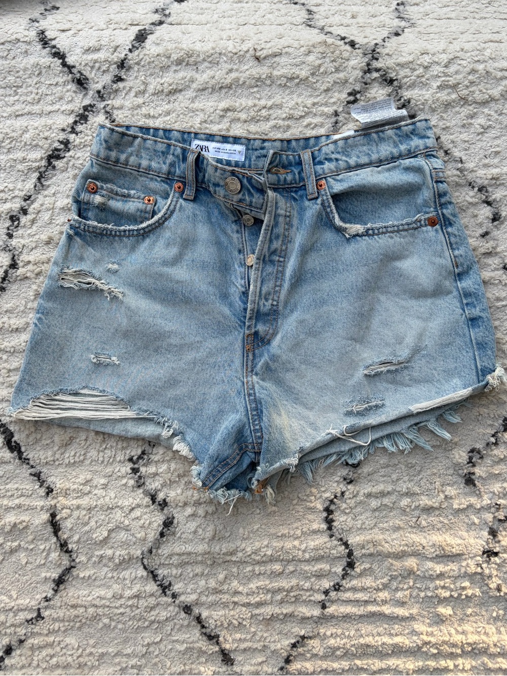 Zara Light Blue Distressed High-Waist Jean Shorts